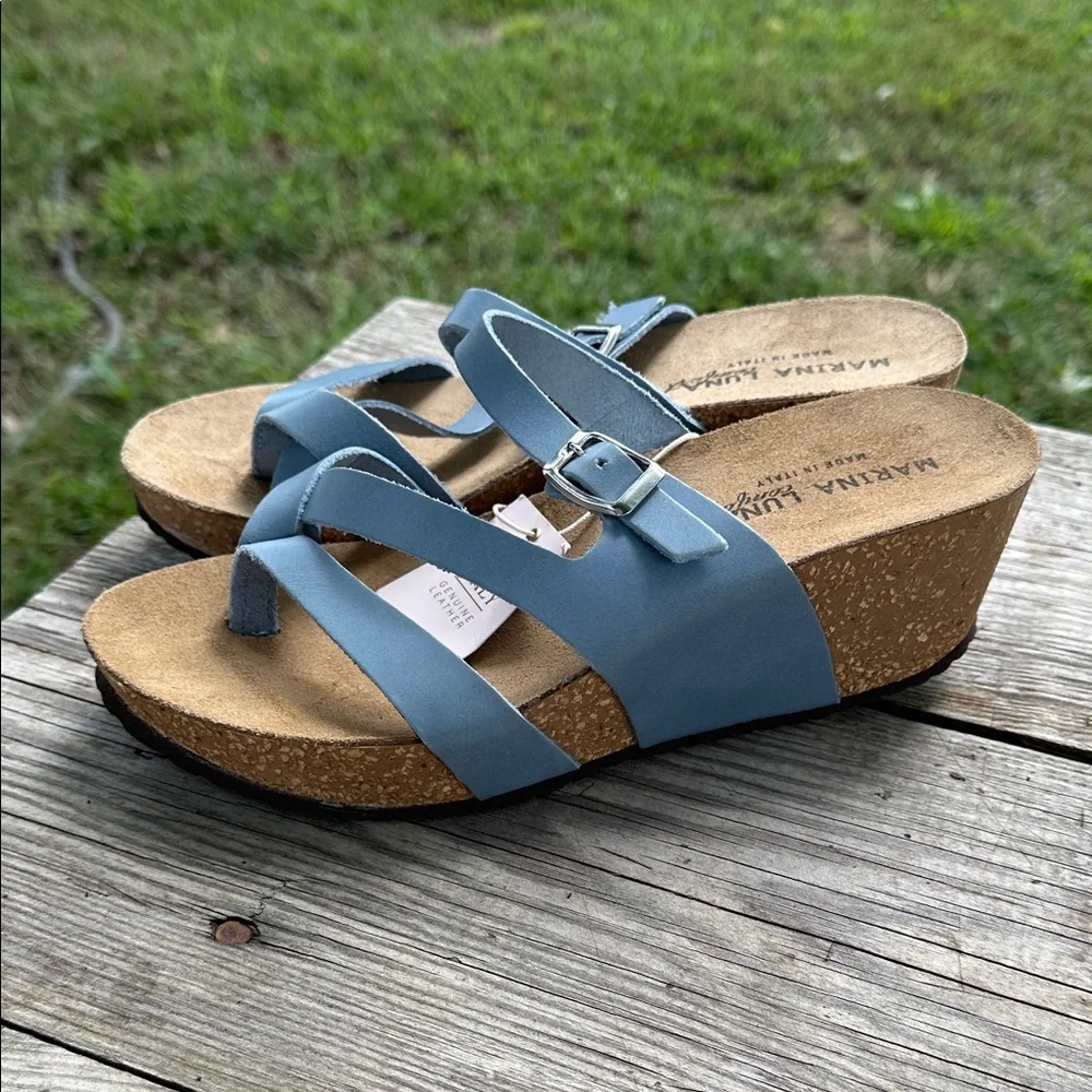 Marina Luna Blue Leather Cork Wedge Sandals
